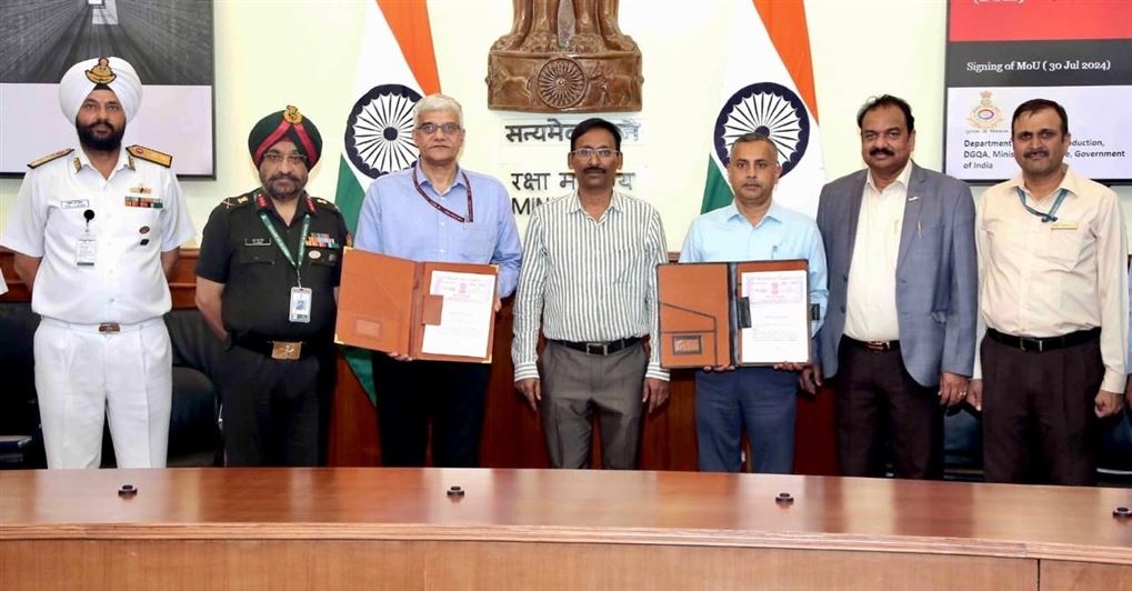 Image of The  three  MoUs were signed between MoD represented by Mr Shalabh Tyagi, JS, MoD and UPEIDA represented by Mr Shrihari Pratap Sahi, IAS, ACEO, UPEIDA